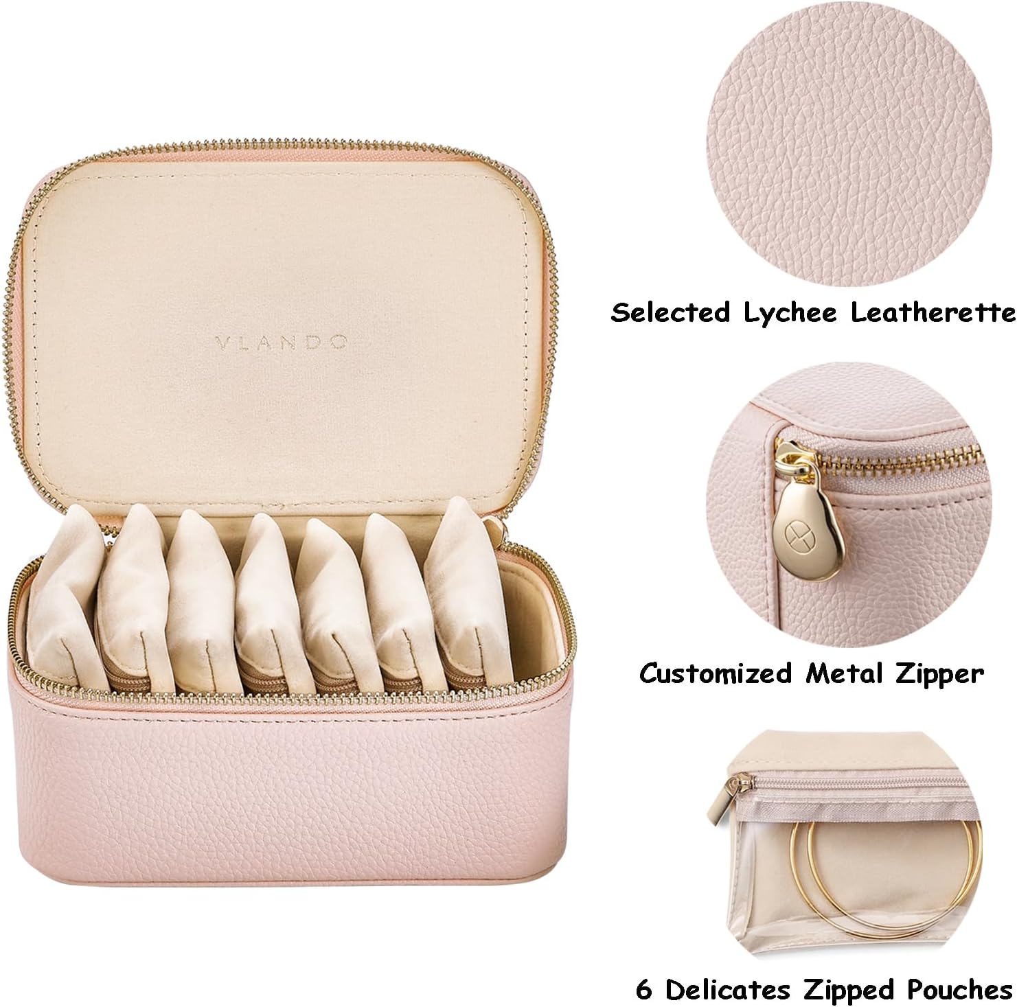 VLANDO Travel Jewelry Box Organizer – Portable PU Leather Jewelry Case with 6/8/12 Zippered Pouches, Compact Storage for Earrings Rings Necklaces Bracelets, Rosy Mauve