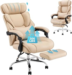 COLAMY Bürostuhl Leder mit Fußstütze, Ergonomischer Chefsessel für Homeoffice – Hohe Rückenlehne, 90–135° Neigefunktion, Gepolsterte Armlehnen, Office Chair mit Lendenkissen, Khaki