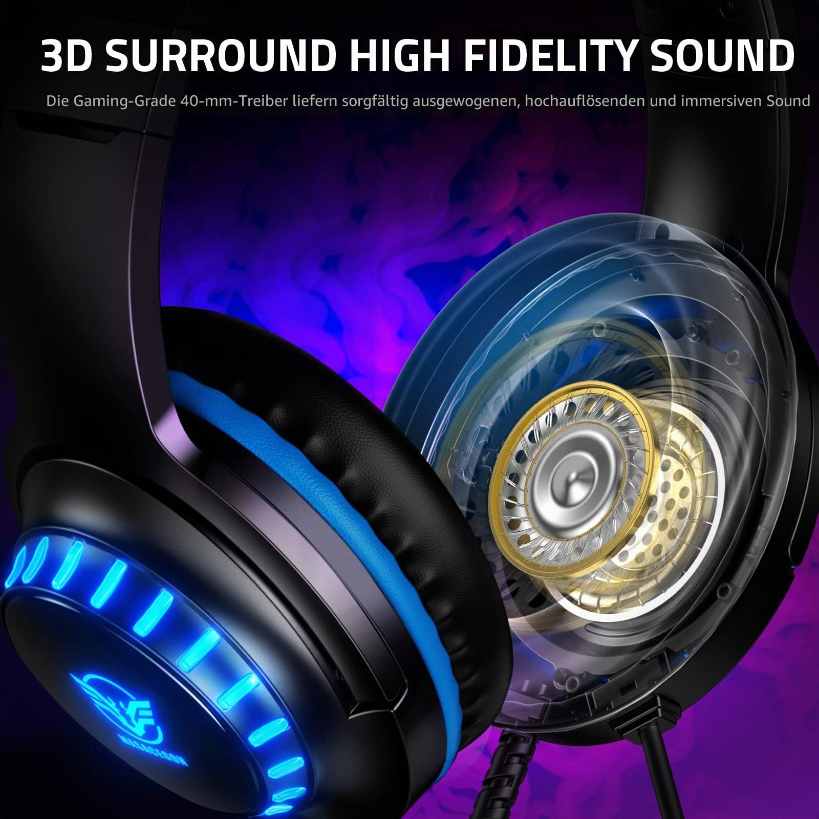 Pacrate Gaming Headset für PS4/PS5/Xbox One/PC/Nintendo Switch, PS4 Kopfhörer mit Kabel Xbox Headset mit Mikrofon, Noise Cancelling PS5 Headset mit LED Lichter - Blau
