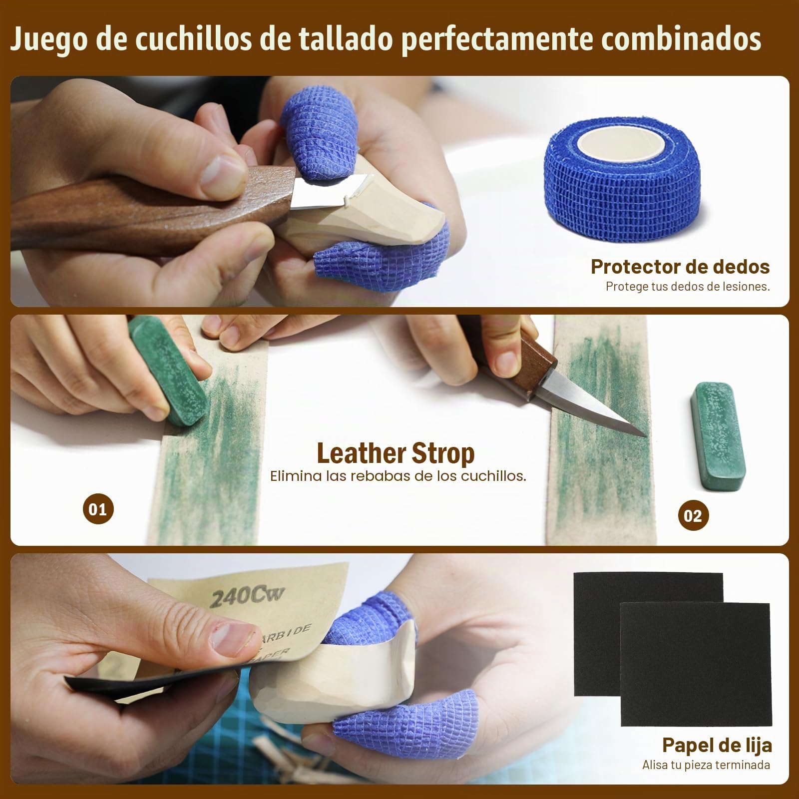 Juego 28 Piezas Talla Madera - 10 Cuchillos + 10 Bloques | 10 cuchillos acero Mo.V (4 desbaste+6 detalle), 10 bloques, guantes, lija, pasta, manual. Mangos nogal antideslizantes.