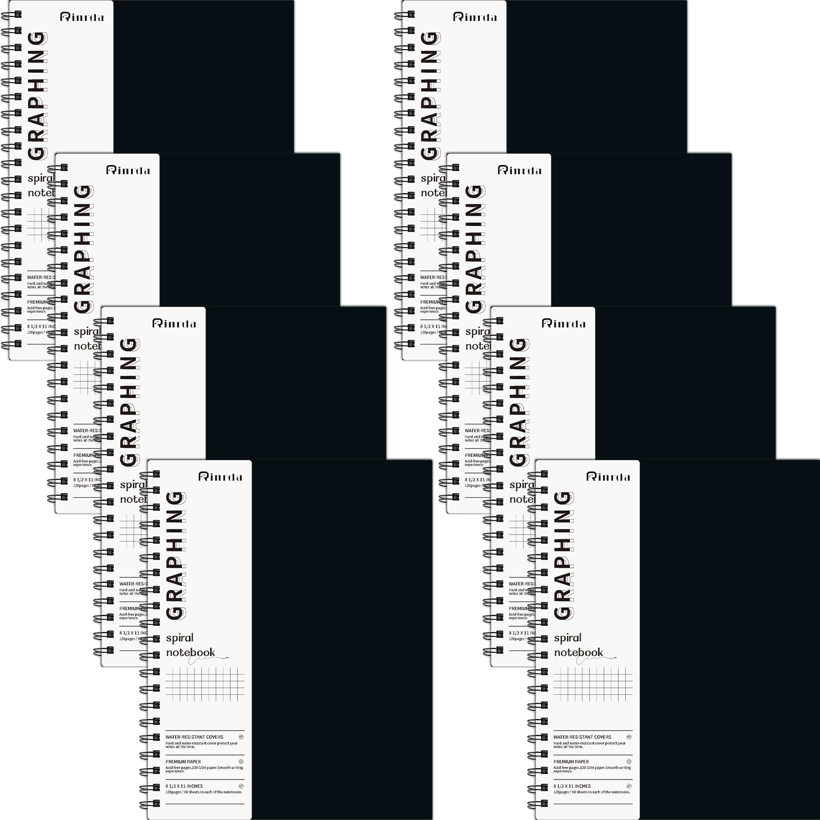 Cuaderno de papel gráfico en espiral de 8.5 x 11 pulgadas, paquete de 8 cuadernos de papel cuadriculado, cuaderno gráfico de ingeniería, cuaderno de ingeniería, cuaderno de 120 páginas, papel