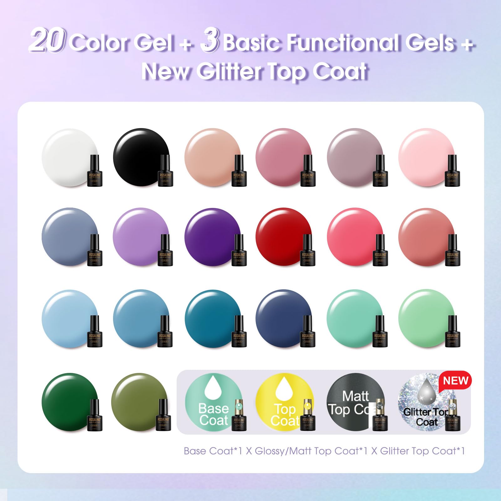 ROSALIND Kit Semipermanente Unghie, 20+4 Pezzi Kit Unghie Gel Completo con 48W UV LED Lampada Fresa per Unghie, Kit Smalto Semipermanente Completo Bianco Nero Viola Rosso Blu Verde Colori Regalo