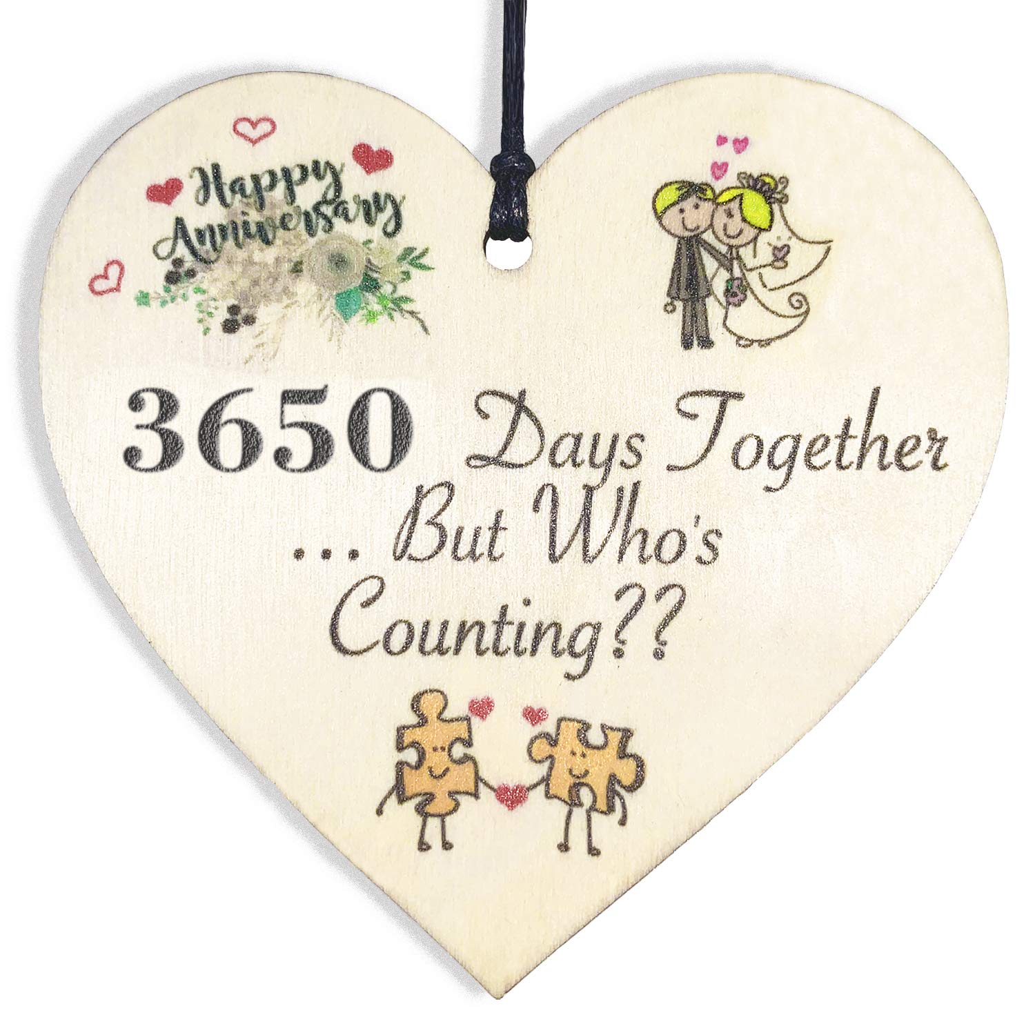HONZEE 10th Wedding Handmade Wooden Plaque 10 Years for Wife Husband Him Wedding Anniversary Card Hanging Heart to Celebrate 10th Wedding