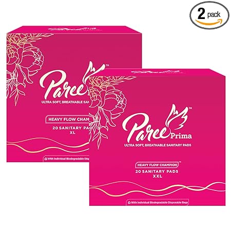 Paree Prima Premium Ultra Soft Sanitary Pads for Women with Breathable Back Sheet And Super Soft Top Sheet for Heavy Flow, XL & XXL| Biodegradable Disposable Bags, 40 Pads