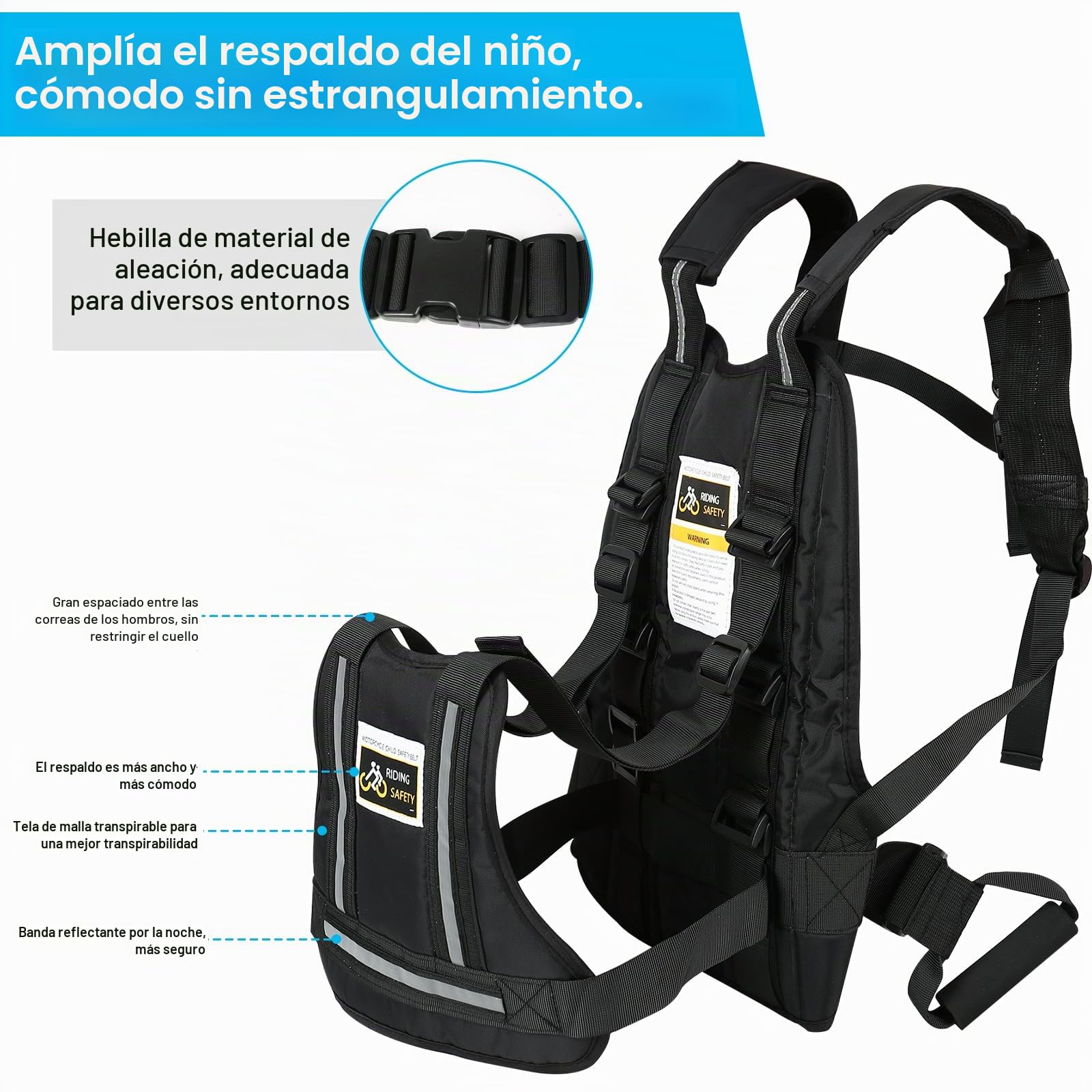 Cinturón de seguridad para motocicleta para niños con dos asas, correa ajustable para motocicleta para niños con 3 materiales reflectantes, protección contra caídas para bebés adecuado para niños