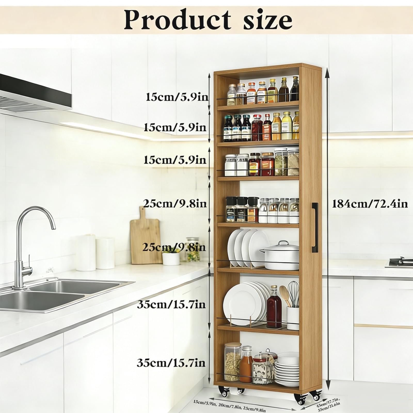 Mobiletto Stretto Salvaspazio su Ruote - 25x45x184cm Grigio Scuro, Estraibile Carrello da Cucina, Scaffale in Legno, Libreria Aperta per Soggiorno e Bagno, Maniglia Inclusa