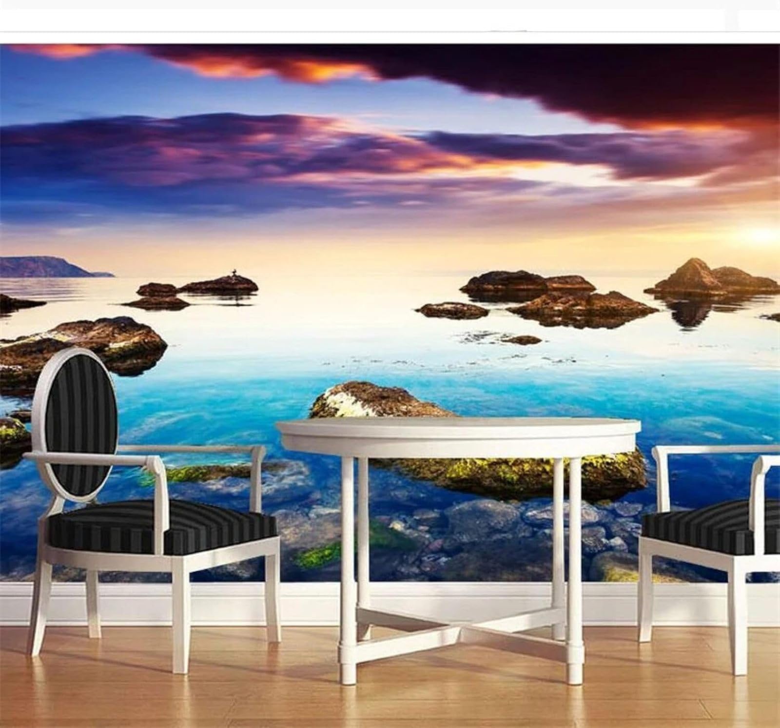 XLMING Gorgeous Sunset Sea Seascape Boulders 3D Wallpaper Silky Texture Home Study Office Grey Dining Room Sofa Bedroom Living Room TV Backdrop-200cm×140cm