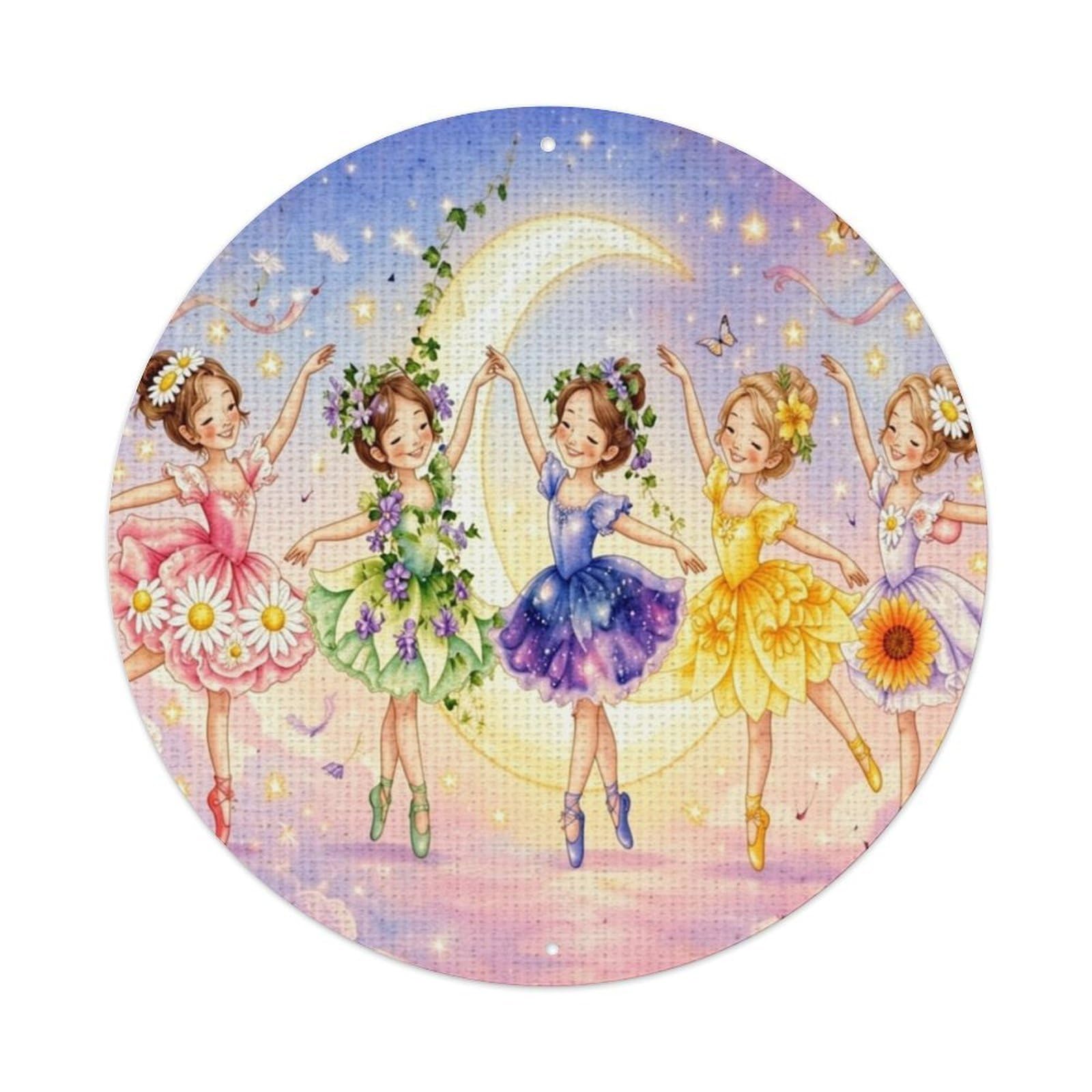 Ballet Dancers Flower Crowns Moon Sky Metal Tin Sign Plaque