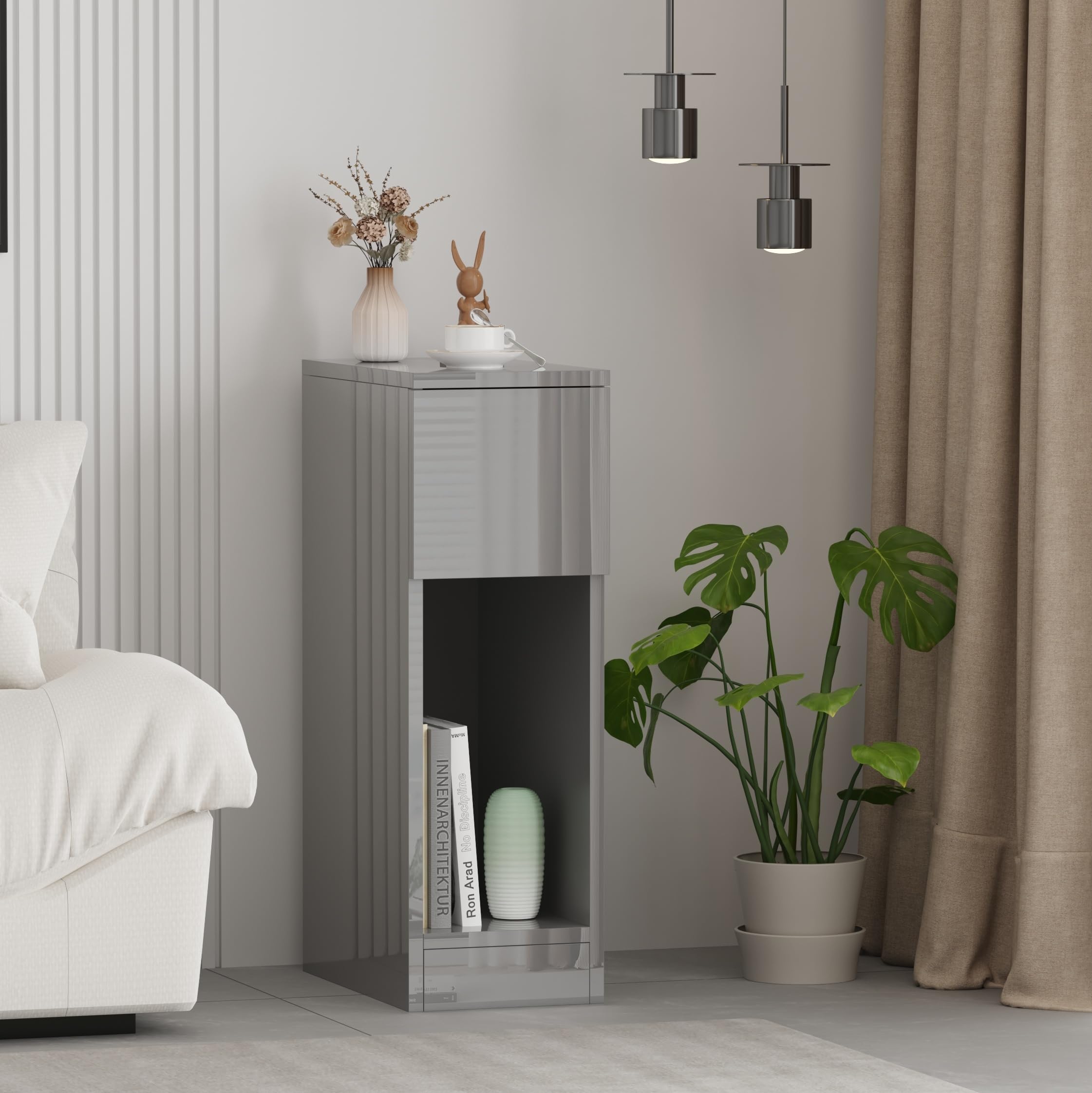 Pantanal Slim Wood Bedside Table Bedroom Nightstand with Shelf and Drawer, Narrow Bathroom Small Floor Storage Cabinet Living Room Sofa Side Table (Grey High Glossing)