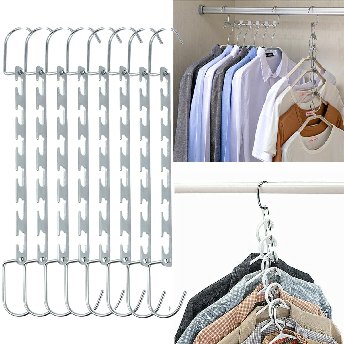 Shophut Silver 8 Pcs Metal Hangers Space Saving Hangers For Closet, Magic Clothes Wardrobe Clothing Organizer
