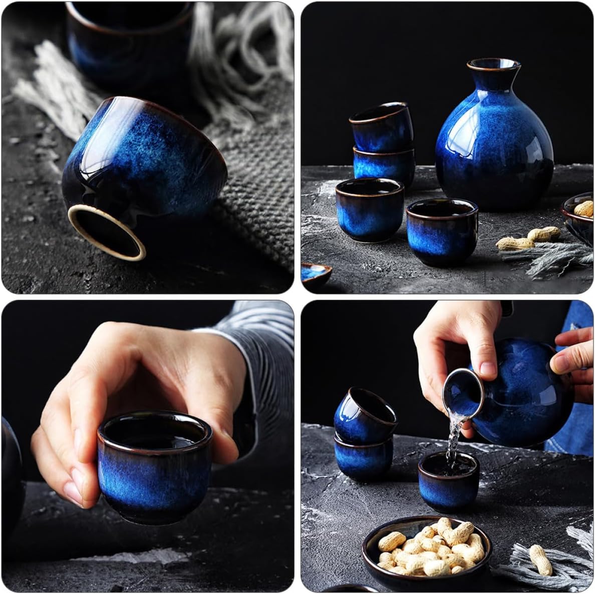 Cabilock Ceramic Sake Pot and Cups Set, 1 Pot with 4 Cups, Blue Kiln Glaze Retro Japanese Style, Household Sake Serving Supplies for Traditional Dining and Tasting Random Color