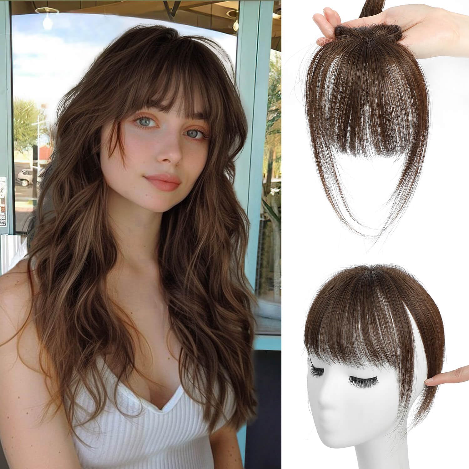 Flyroseing 100% Real Human Hair Clip in Fringe, Light Brown Clip in Bangs Hairpieces