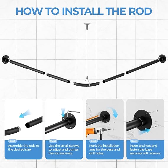 L Shaped Shower Curtain Rail, [60-135cm] x [60-135cm] Adjustable Corner Shower Curtain Rod, Wall Mounted Curved Shower Rail With 12 Rings & Ceiling Support For Bathroom Bathtubs, Need Drilling, Black