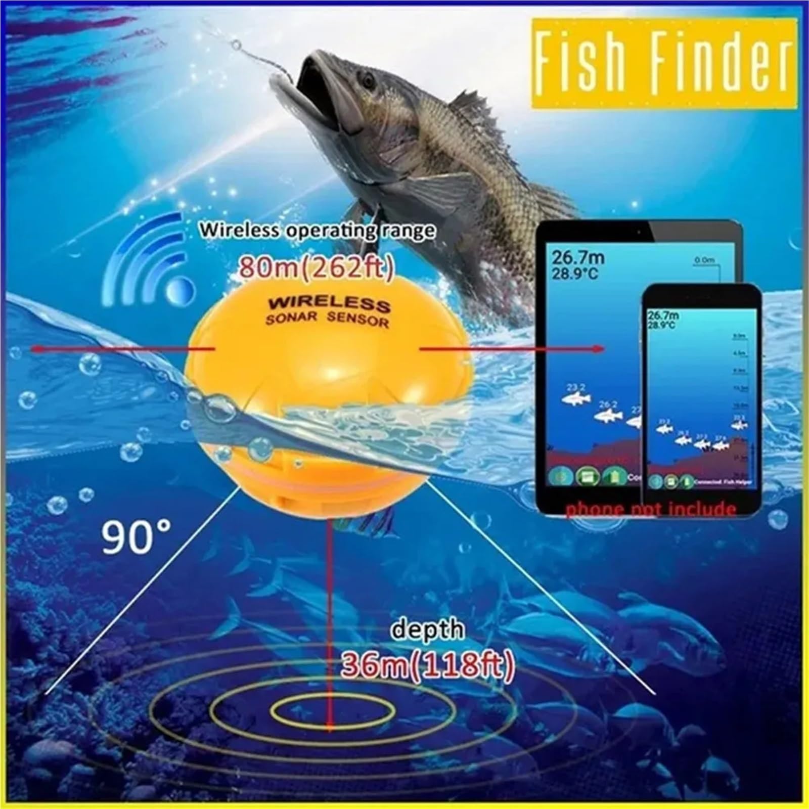 Sonda de Pesca Inteligente inalámbrica WiFi, for teléfono Inteligente, Tableta for Costa, Barco, 125 KHz, Lago, 36 m, mar(Groen)