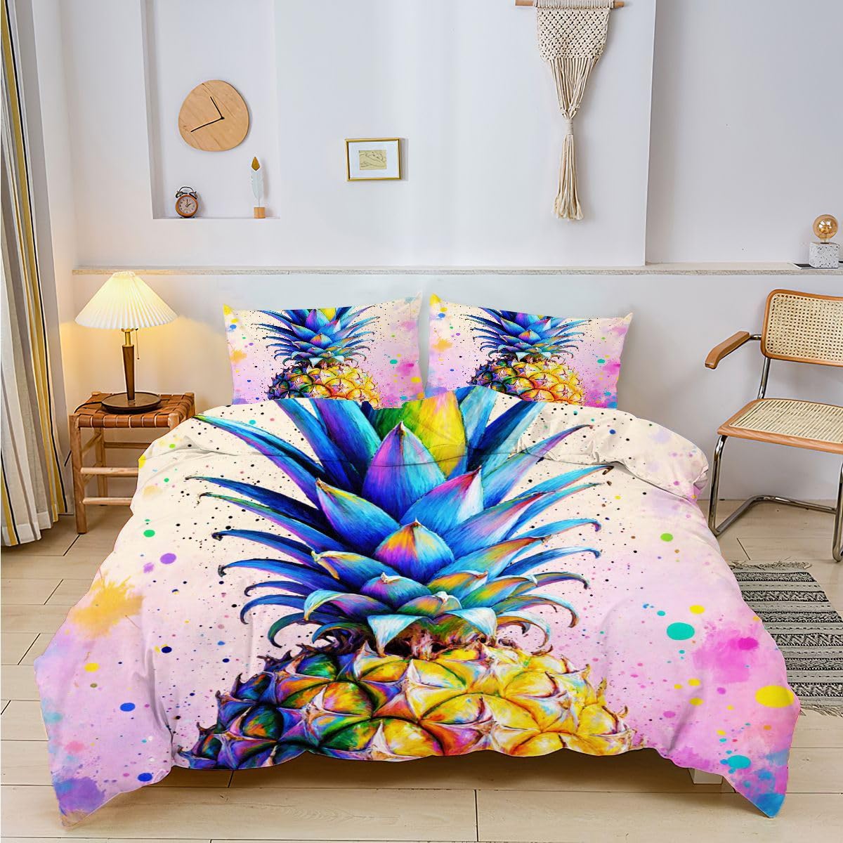 Komplet pościeli 220x240 cm kolorowy ananas łatwy w pielęgnacji zestaw pościeli z zamkiem błyskawicznym, zestaw poszewek na kołdrę z nadrukiem 3D do pieluchy wystrój sypialni