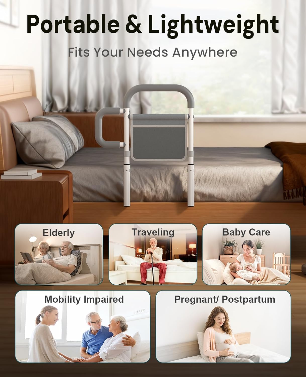 Bed Rails for Elderly Adults Safety, with Double Non-Slip Handle & Storage Pouch, Fits Most Bed Sizes, Bed Assist Rails for Seniors and Post-Surgery,Reduce Falls & Support Independence