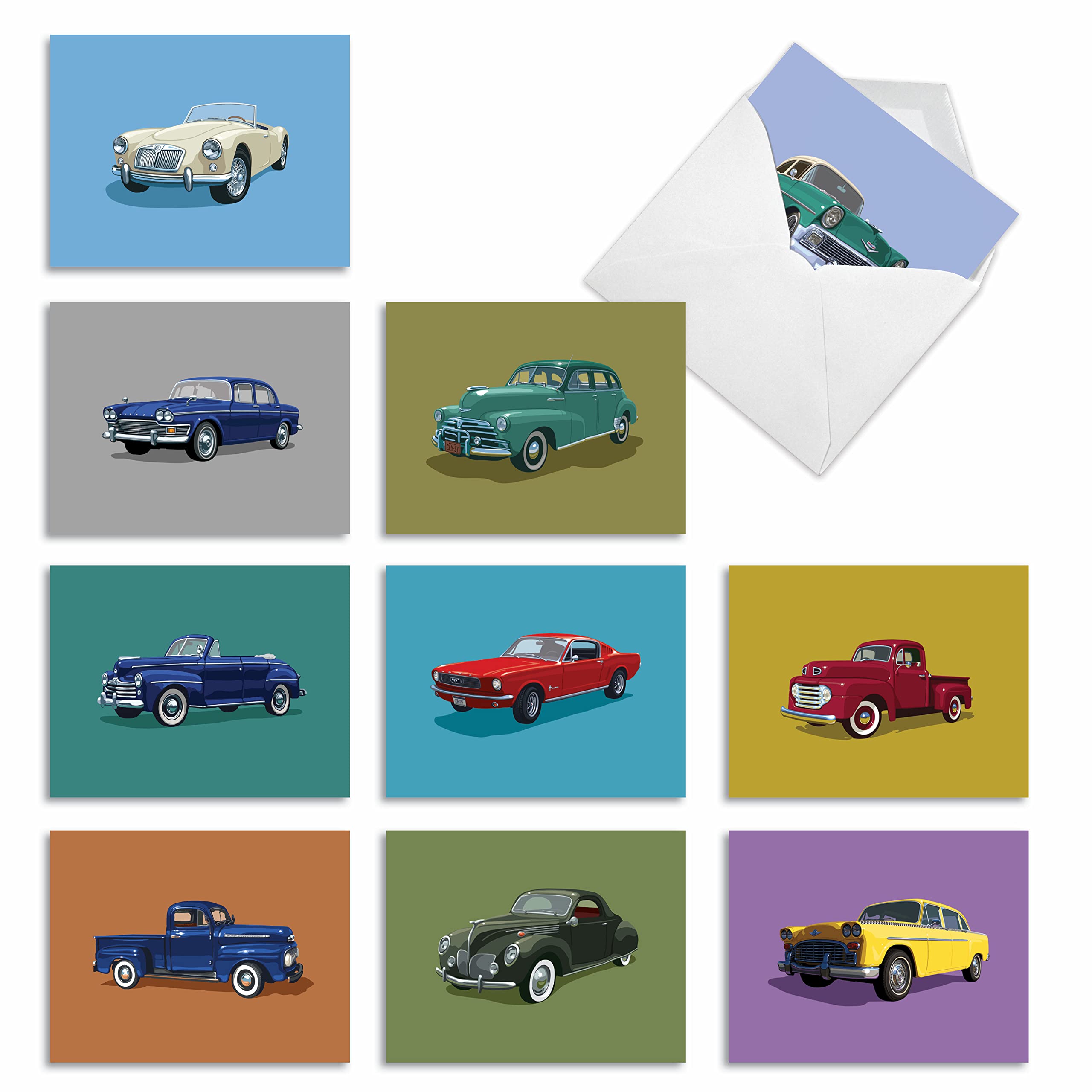 The Best Card Company - 10 Blank Notes Boxed Set (4 x 5.12 Inch) - All Occasion Thnk You Cars Notecards, Just because, Miss You Friendship Bulk Pack for Him, Men - Vintage Vehicles M4182OCB-B1x10-NB