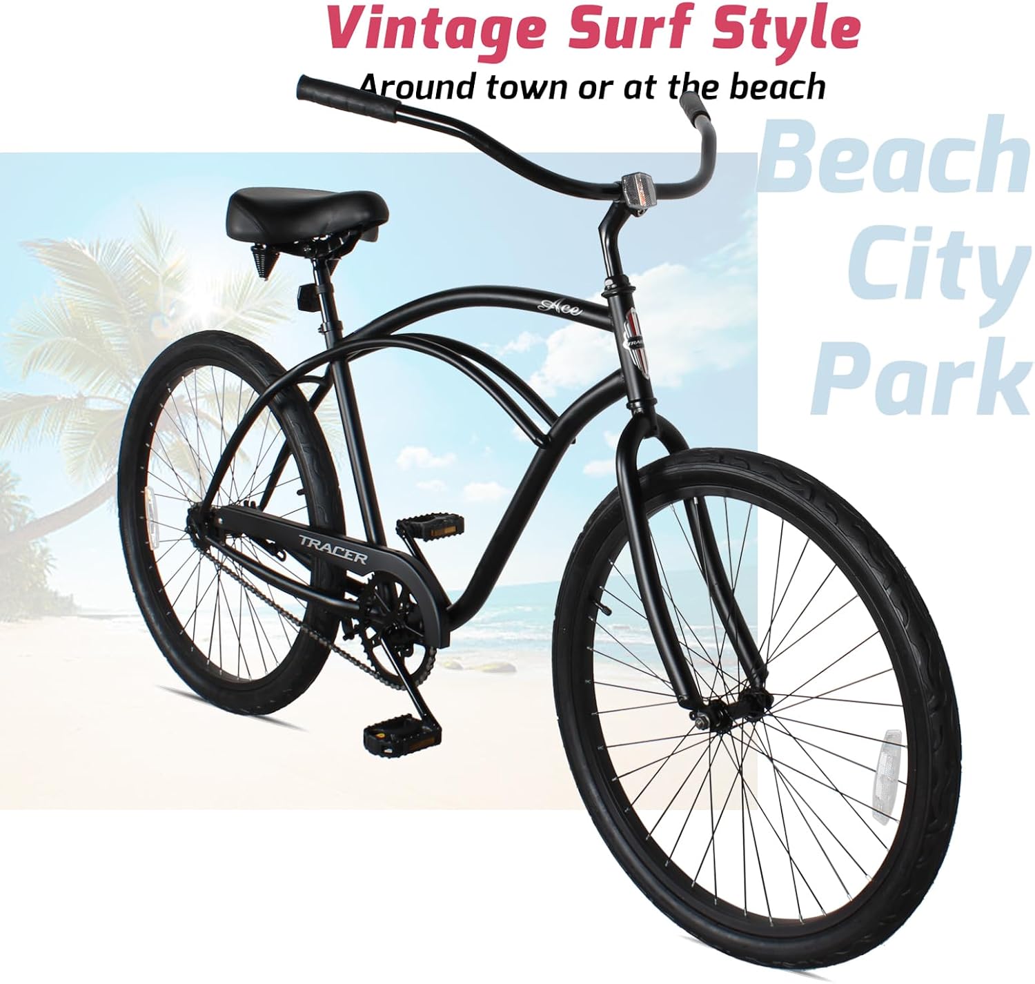 Tracer ACE 26-Inch Mens and Womens Beach Cruiser Bike Single-Speed Coaster Brake for Adults, Step-Over or Step-Through Frame Multiple Colors