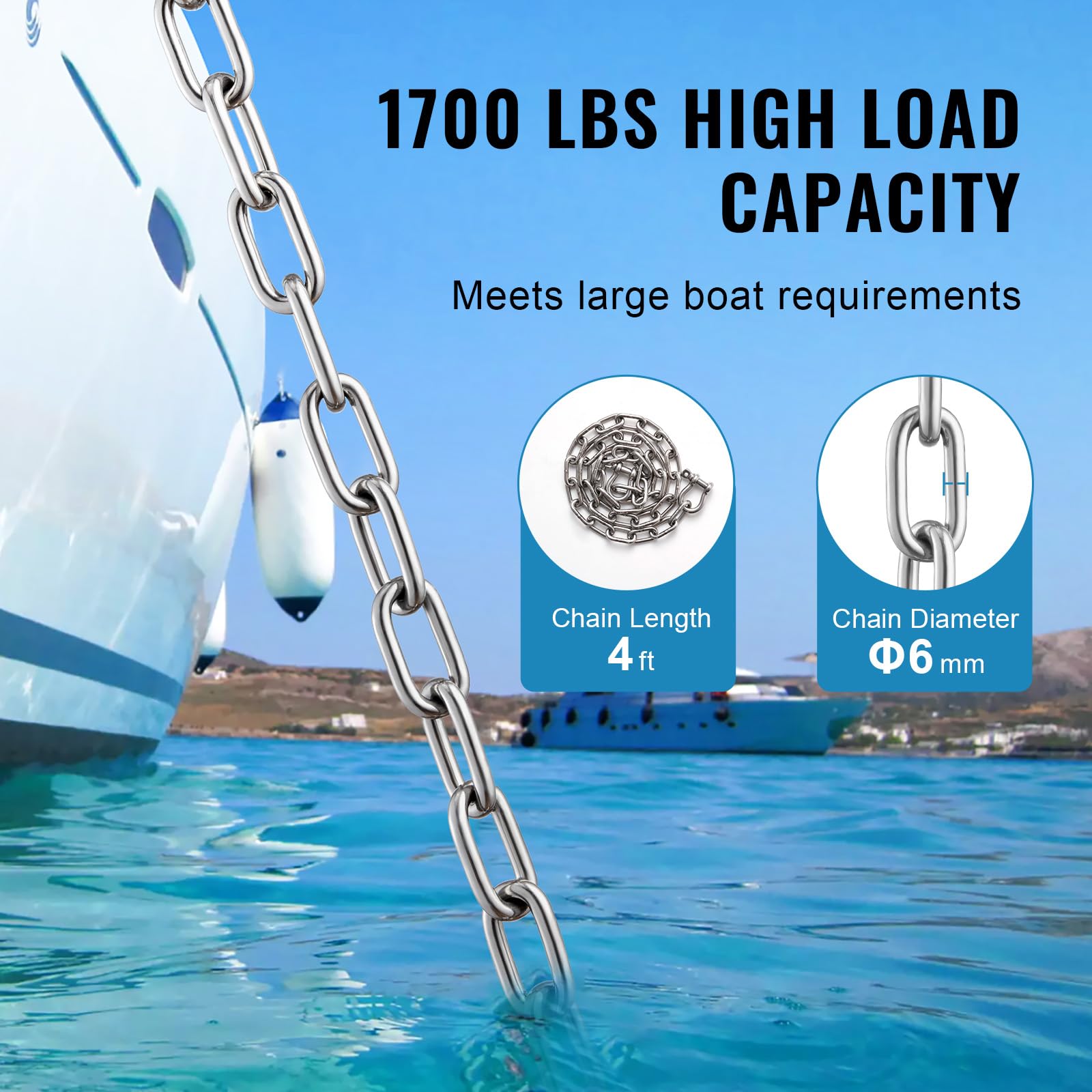VEVOR Cadena de Ancla para Barcos 6,35 mm x 1,2 m BS, Cadena de Ancla de Acero Inoxidable 316 de Grado Marino con Grilletes de Anillo de Bloqueo Doble para Cubierta, Funciona con Varios Anclas