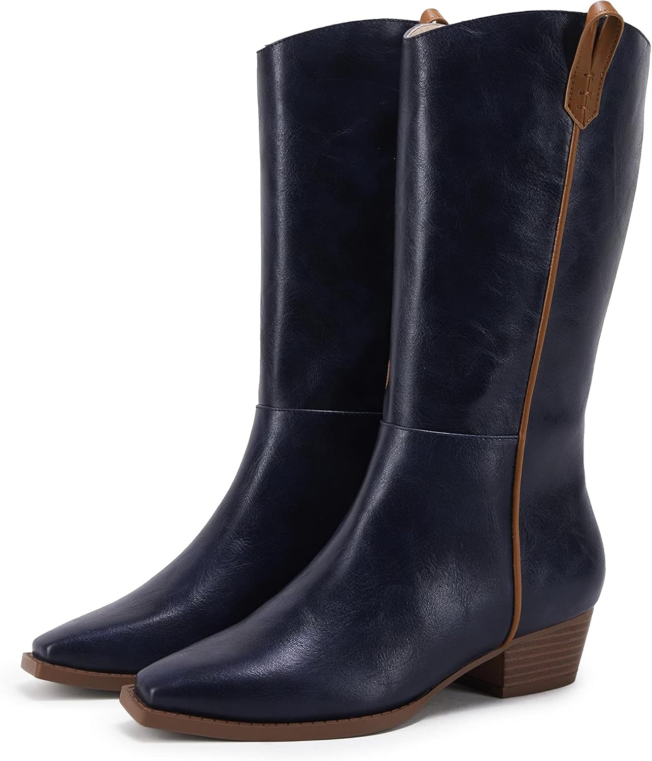  | Womens Cowboy Mid Calf Western Boots Fashion Square Toe Low Stacked Heel Pull On Handle Cowgirl Boot | Mid-Calf