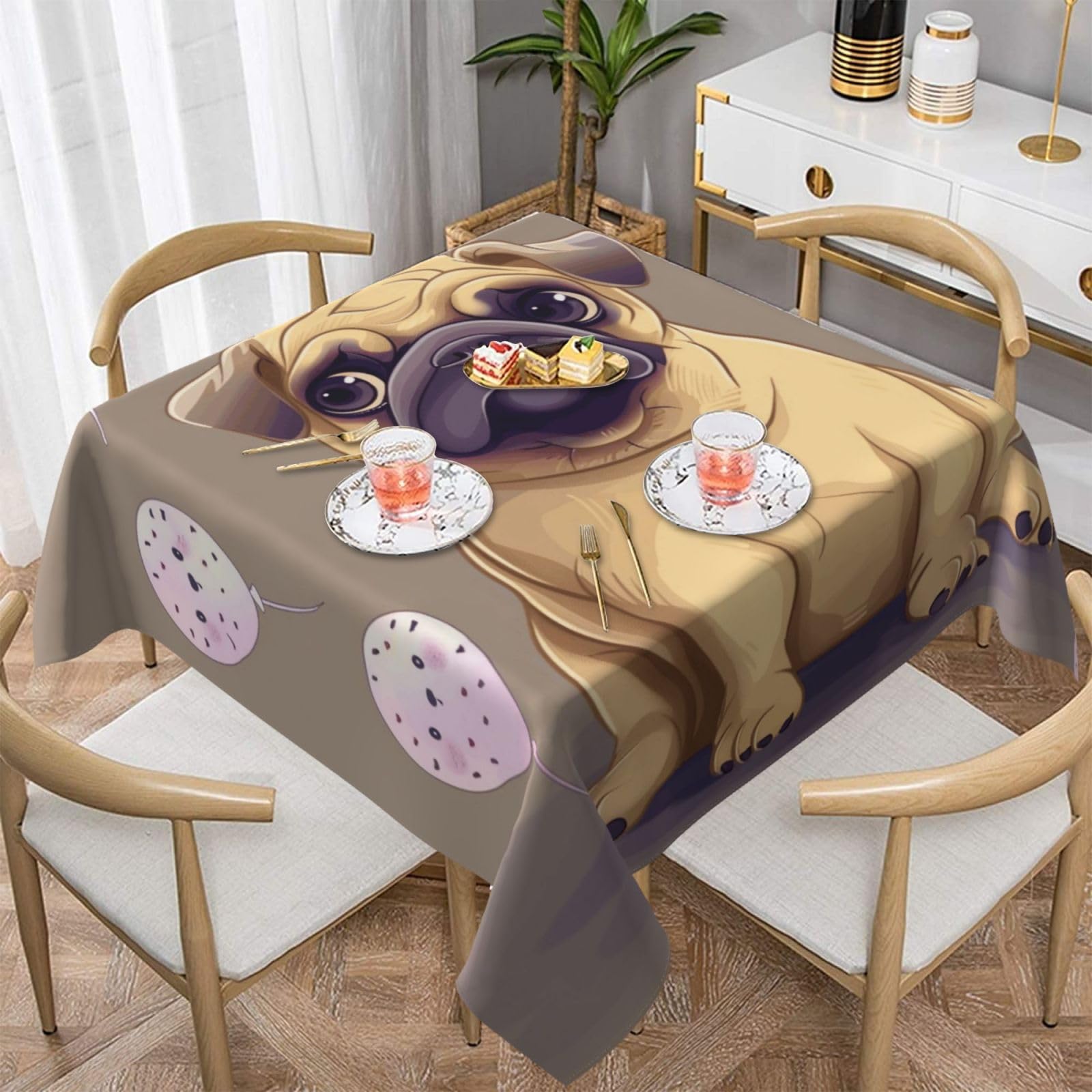 WPKJU Funny Cartoon Pug Puppy Dog Printed Square Tablecloth 60x60 inch Water Resistant Table Cover Washable Rectangle Table Cloth for Dining Tables