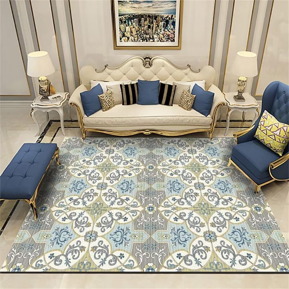 Tapis coloré bleu de 70x140cm aux motifs de fleurs et plantes pour la décoration de la maison