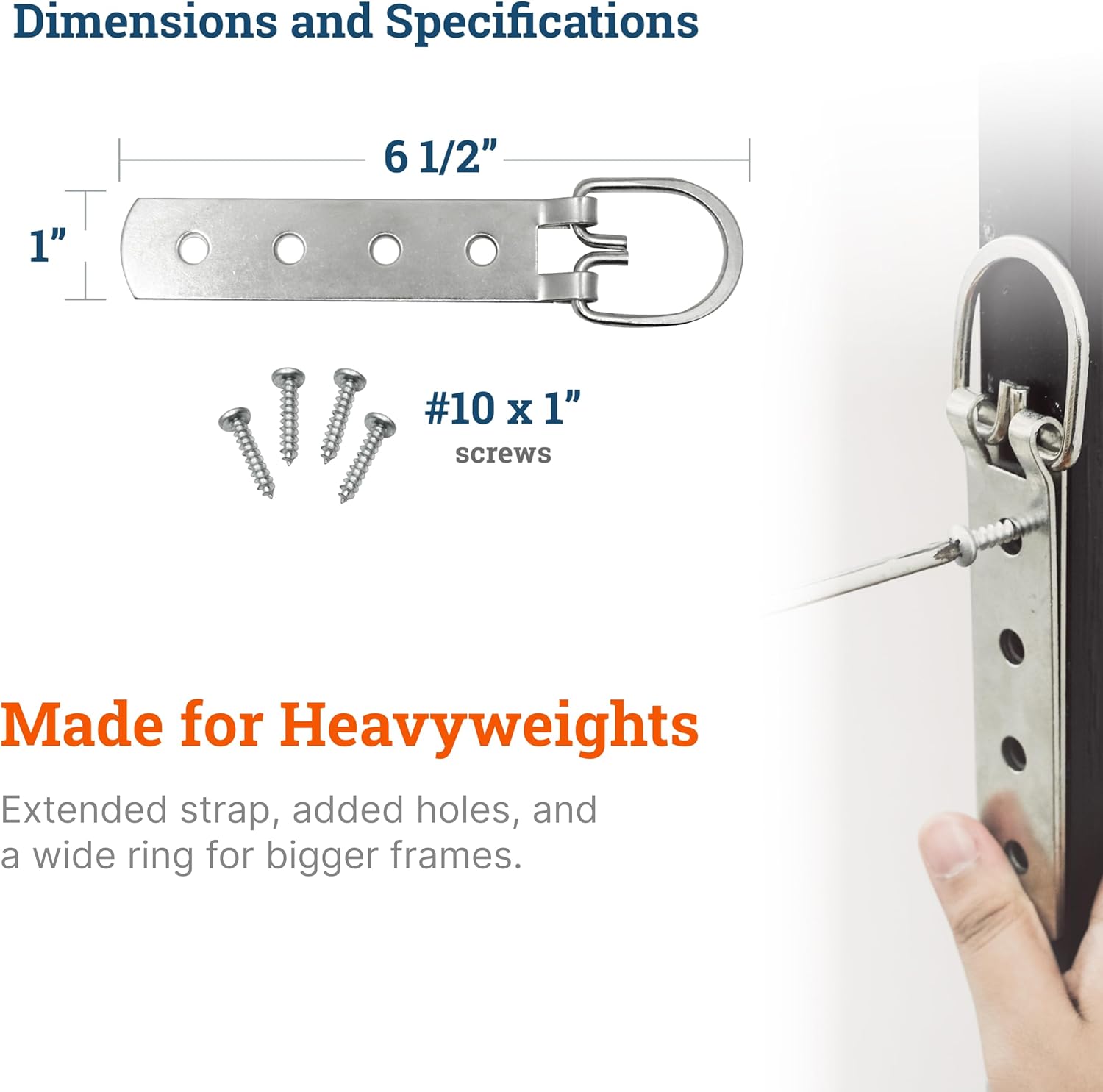 PHS Extra Large Heavy Duty D-Ring Picture Hangers - 2 Pack with Screws - D Hooks for Picture Hanging - 200 lb Capacity - 6.5" Steel Strap Hangers for Frames & Mirrors