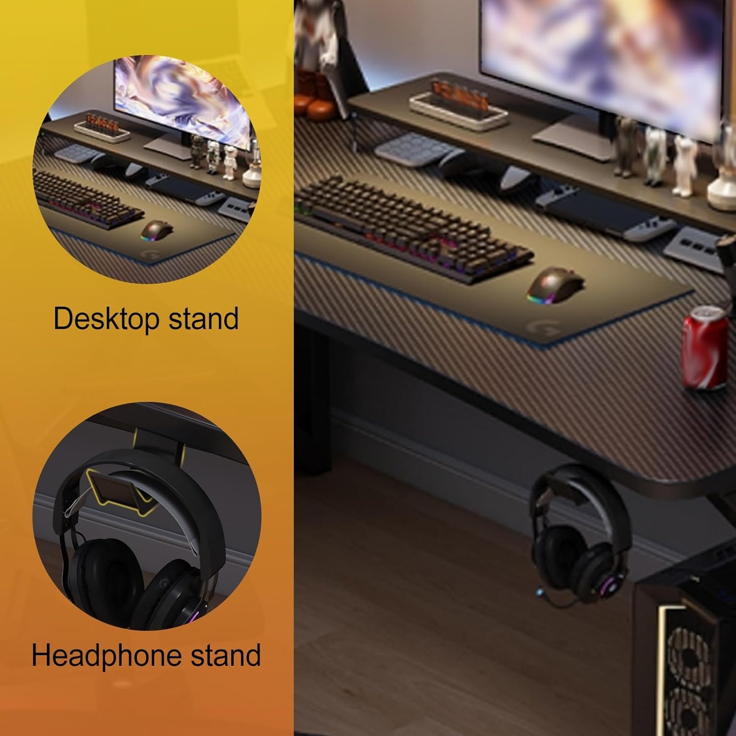 Gaming Table with Stand, K-Type Support Frame, Sturdy Computer Desk with Ergonomic Desktop, Computer desks for Home for Office, Study, Black