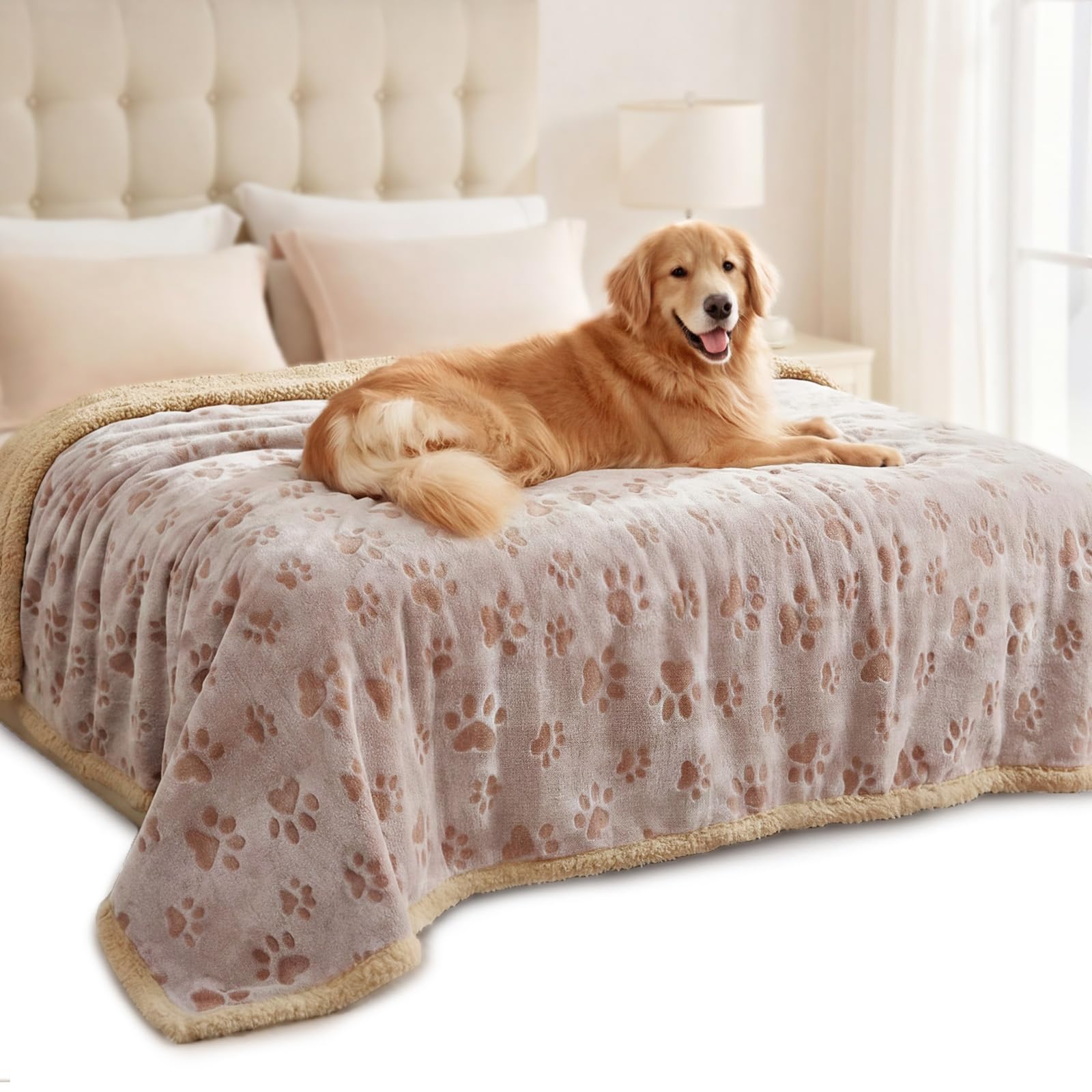 Luciphia Waterproof Pet Blankets Whith Paw Print for Couch Sofa Bed Cover, Liquid Pee Proof Soft Fluffy Dog Blanket Washable, Reversible Furniture Protection Puppy Cat, Khaki, X-Large（85" x 57"）