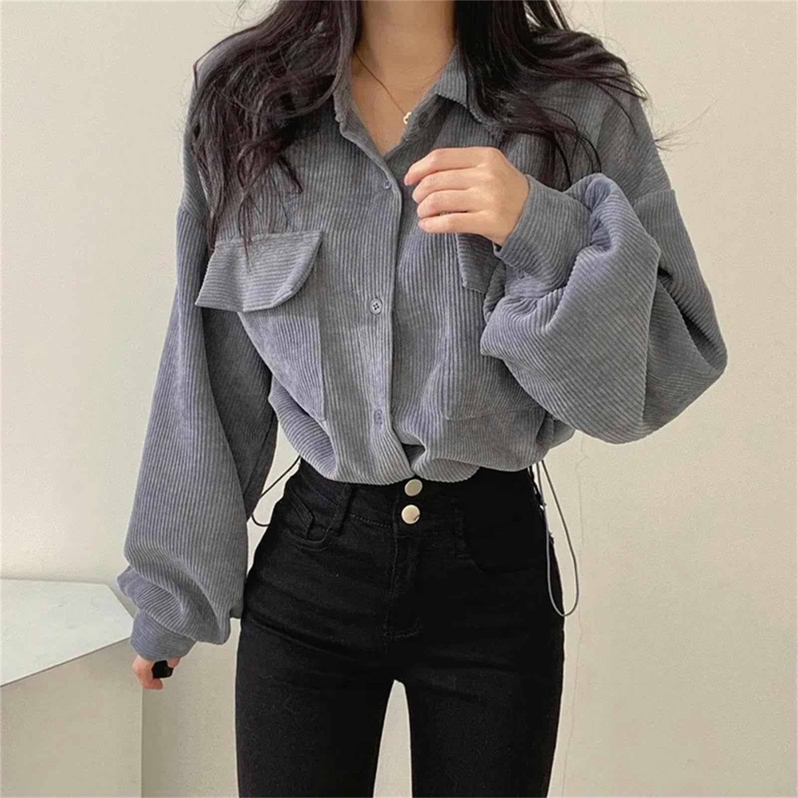 Camicia Camicie Casual di Velluto A Coste per Tasche Femminile Camicetta Femmina Manica Lunga Donna da Donna da Donna-Cachi-S