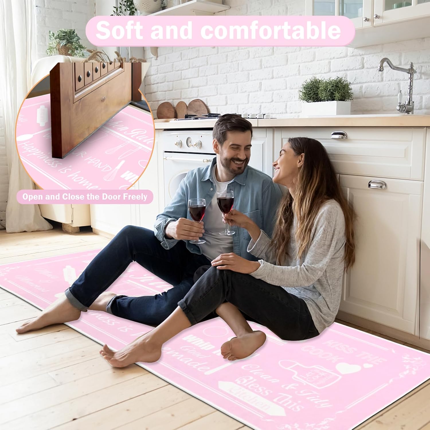 Pink Funny Kitchen Rug Sets 3 Piece, Washable Kitchen Mats for Floor Non Slip Durable Kitchen Floor Mat Carpet Runner Rugs for Hallway Laundry Room, Girl Pink