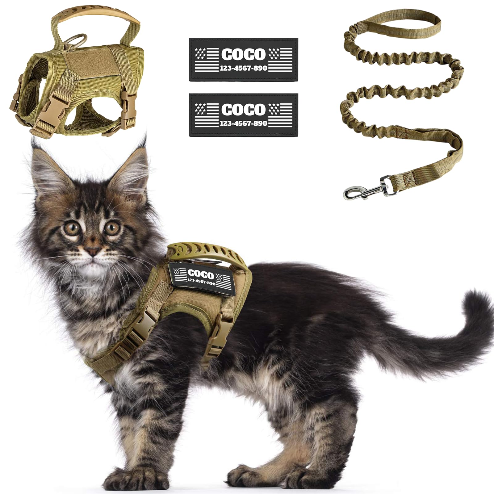 Tactical Cat Harness Escape-Proof for Walking with Personalised Patches - Adjustable Cat Harness 8-20lbs Escape-Proof - Soft Vest for Large Cats with Optional Lead (Khaki) — image 1