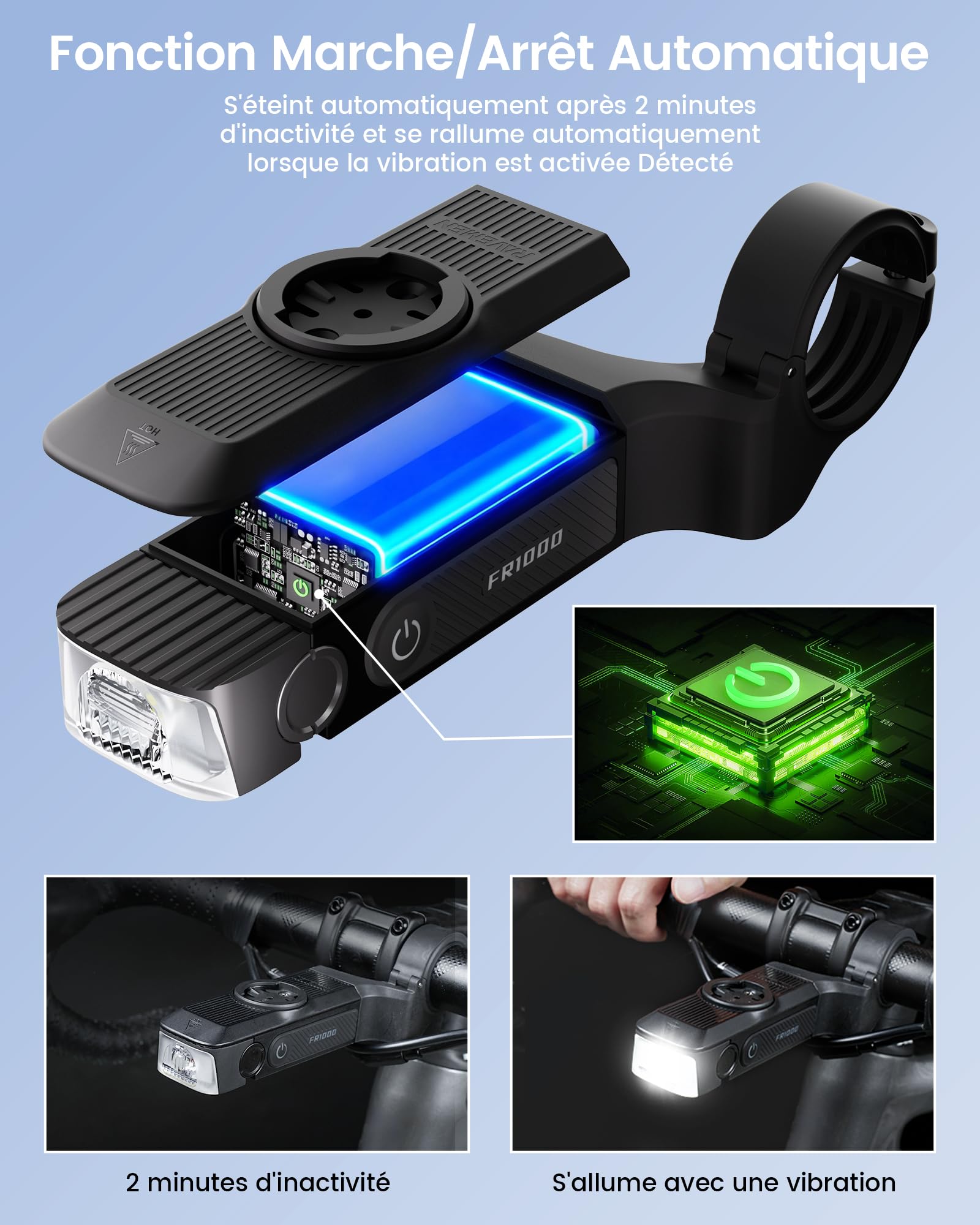RAVEMEN FR1000 1000 Lumens Phare Avant pour Un éclairage Nocturne et Une Visibilité Diurne Compatible avec Garmin/Wahoo/Bryton Compteurs Vélo, éclairage et Support intégrés, Marche/Arrêt Automatique