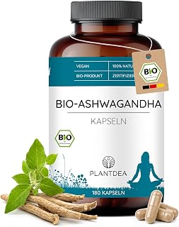 PlantDEA Bio Ashwagandha I 180 pflanzliche Kapseln I 3000mg Tagesdosis I Wurzelpulver I hochdosiert I Withania somnifera | laborgeprüft I bio-zertifiziert I vegan I ohne Zusätze