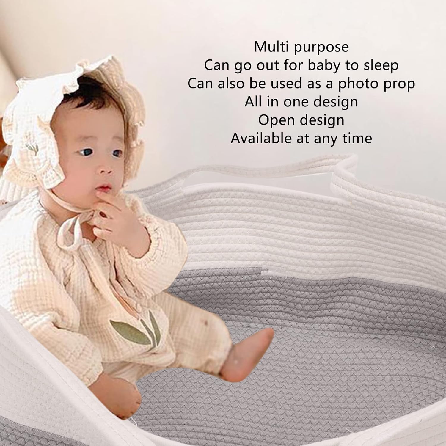 Atyhao Baby Carrying Basket, Cotton Rope Weaved Foldable Nursery Bins Boxes Portable Handheld Breathable Sleeping Basket