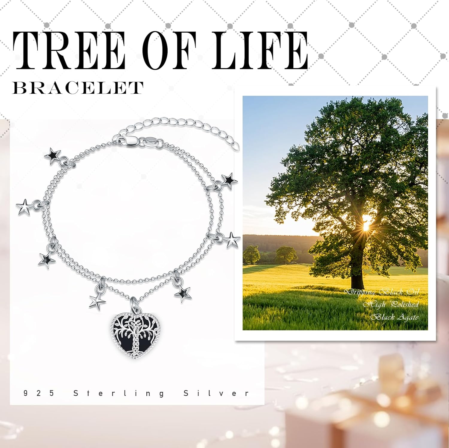 Women Tree of Life Bracelet S925 Sterling Silver Dainty Star Layered Bracelet Adjustable Multilayer Autumn 7-9 Inches Birthday Anniversary Chain Gifts for Mom Wife Daughter