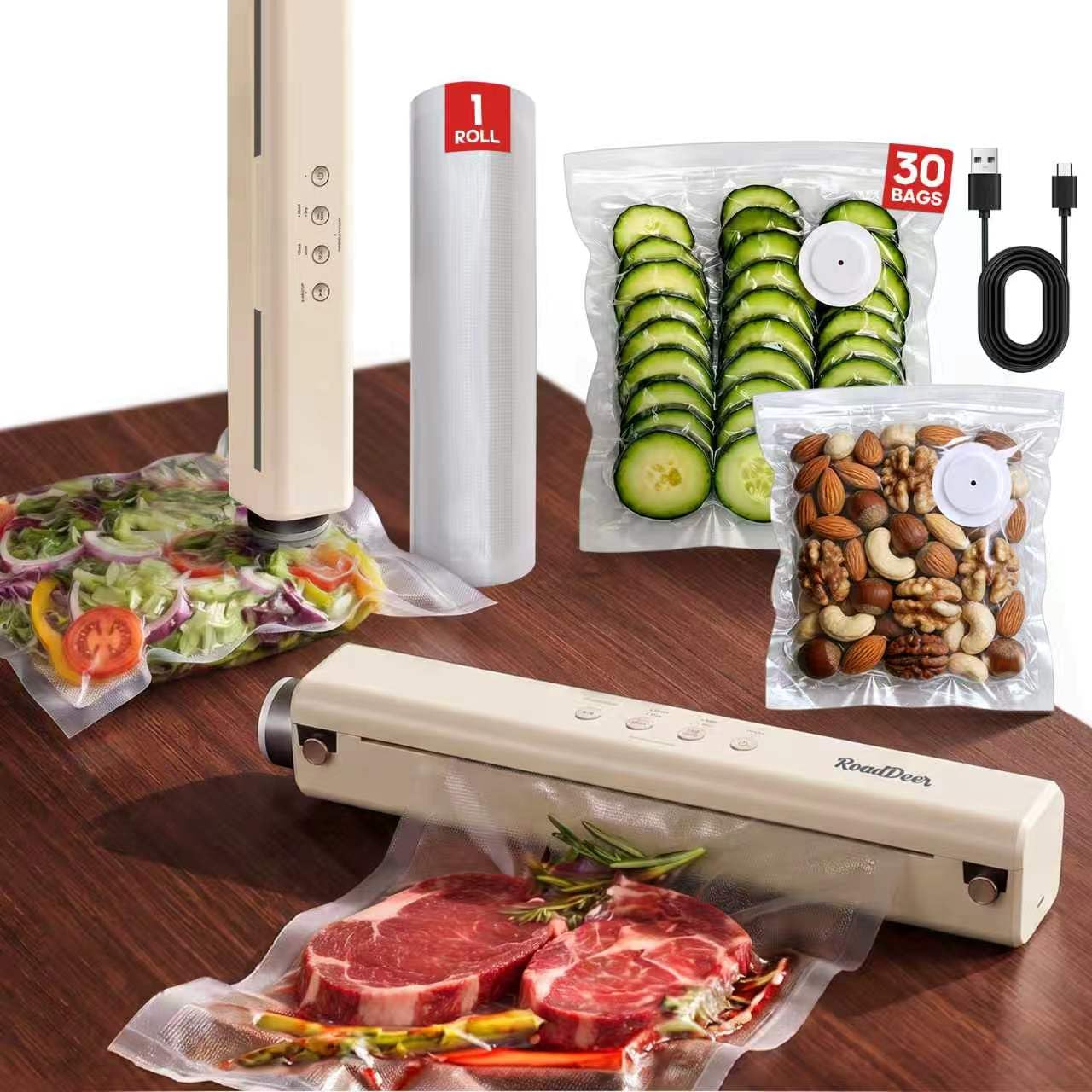 2-in-1 Vacuum Sealer (Machine+30 Reusable Vacuum Bags+1 Roll) | Handheld with Reusable Bags, Internal Sealer with Roll & Cutter,80kPa Suction, Cordless & Rechargeable,Cut costs,BPA-free