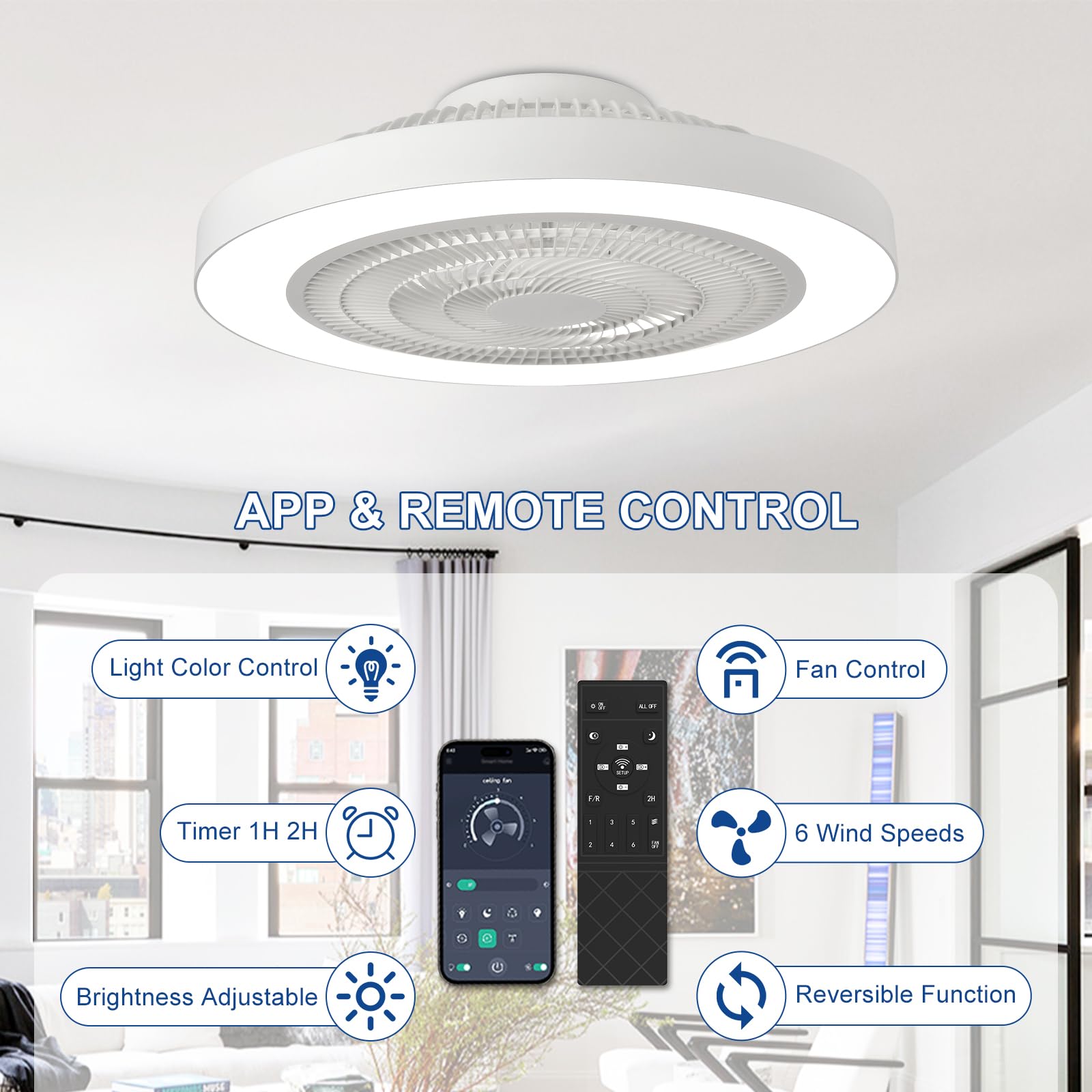 Depuley Ventilador de techo empotrado: Ventiladores de techo LED de perfil bajo de 20 pulgadas con luz para dormitorios - Ventilador sin aspas blanco con control mediante aplicación para cocinas