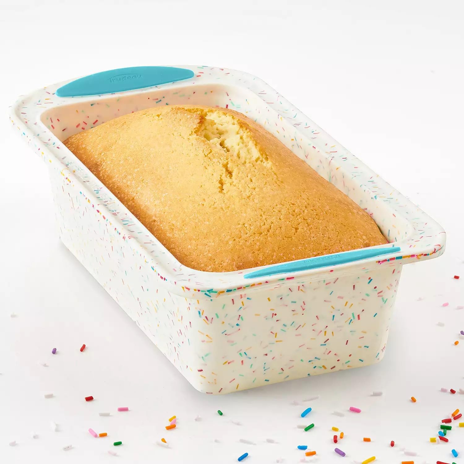 Trudeau Structure - Molde de silicona para pan con borde de acero, 8.5 x 4.5 pulgadas, antiadherente, confeti blanco con base azul, sin BPA, apto para horno hasta 220.0 °C, apto para lavavajillas
