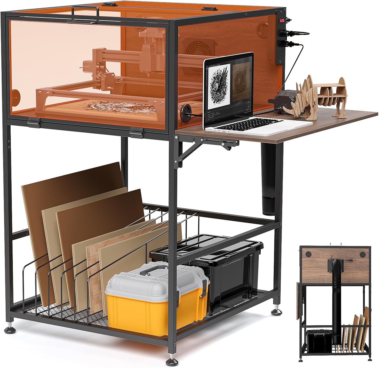 Laser Engraver Enclosure Cabinet with Exhaust, Laser Engraving Table with Ventilation Fan, Heavy Duty Laser Cutter Protective Cover Tent with Eye Protection, Insulates against Noise Fumes Odors