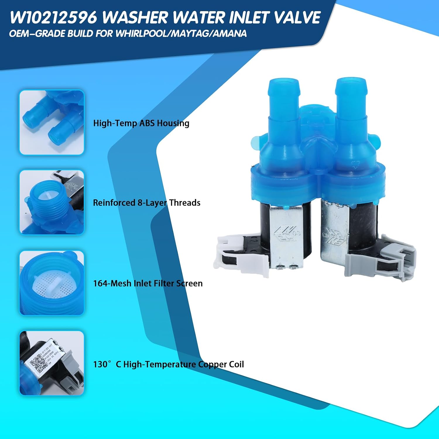 W10212596 Washer Water Inlet Valve, for Whirlpool/Maytag/Amana/Kenmore — Replaces WPW10212596, AP6017174, PS11750469, EAP11750469, 1551647 — Dual-Solenoid Cold maytag washer water inlet valve