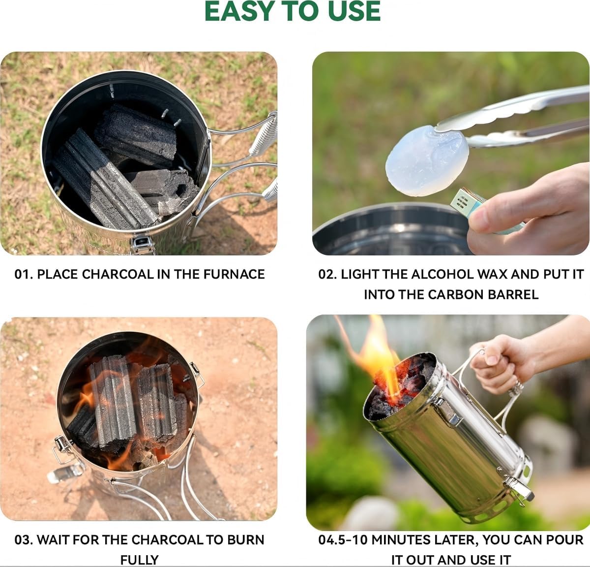 Stainless Steel Charcoal Chimney Starter | BBQ Chimney Starter for Charcoal Grill and Barbecues, Compact Outdoor Cooking BBQ Tools Accessories