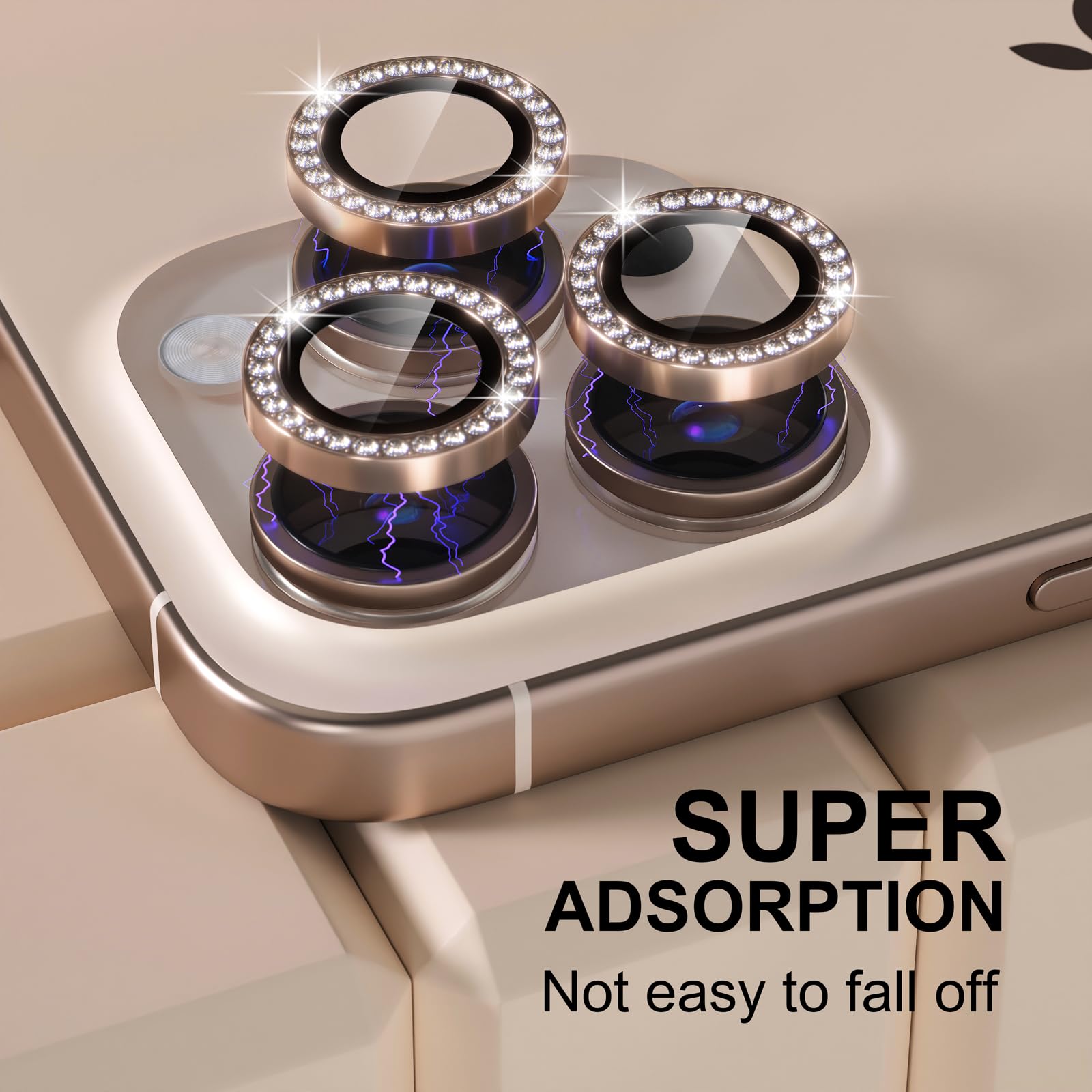 Misea Protector de lente de cámara compatible con iPhone 16 Pro/iPhone 16 Pro Max, protector de pantalla de vidrio templado 9H, accesorios de anillo individual de metal, diamante de titanio desierto