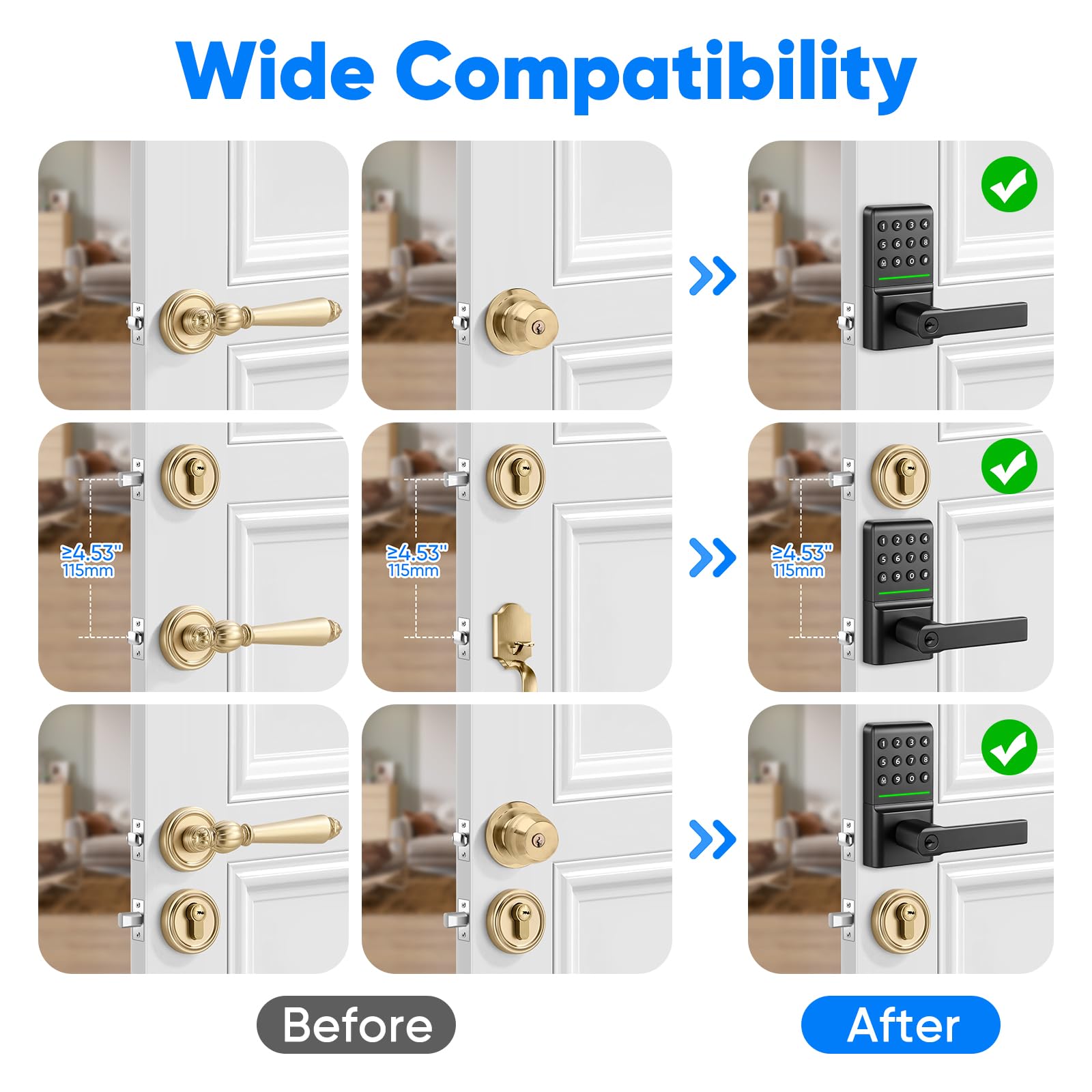 MYPIN Smartes Türschloss mit Griff, Schlüssellos, Elektronischer Riegel, Tastatur, Automatische Verriegelung, Einmalcode, USB-C-Notstrom, Aluminium, keine App erforderlich, einfache Selbstmontage