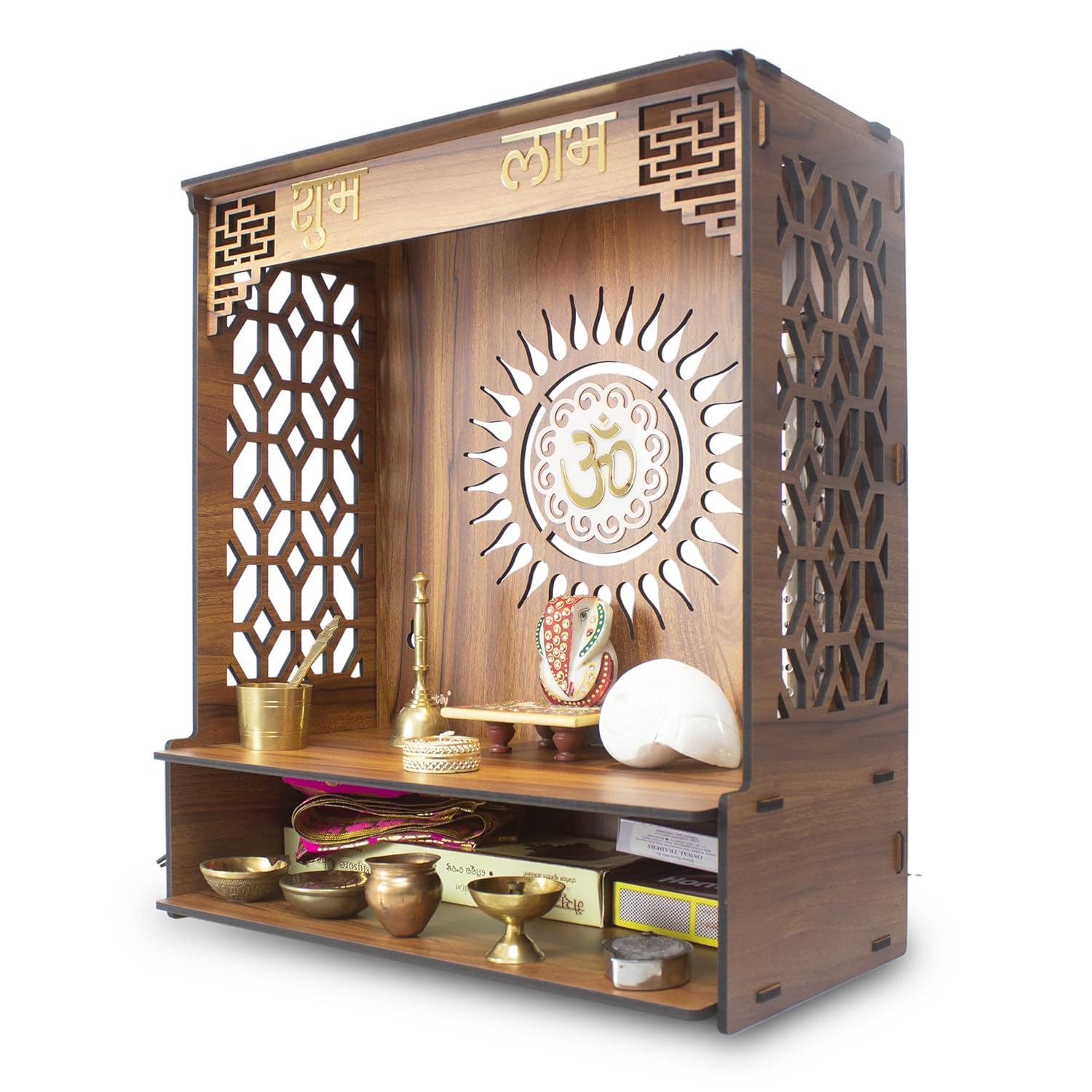 Pooja Mandir in legno per la casa e l'ufficio Pooja Stand moderno Puja Mandir per casa da parete con faretti LED dimensioni (45,7 cm, L - 40,6 cm, W-21,7 cm)
