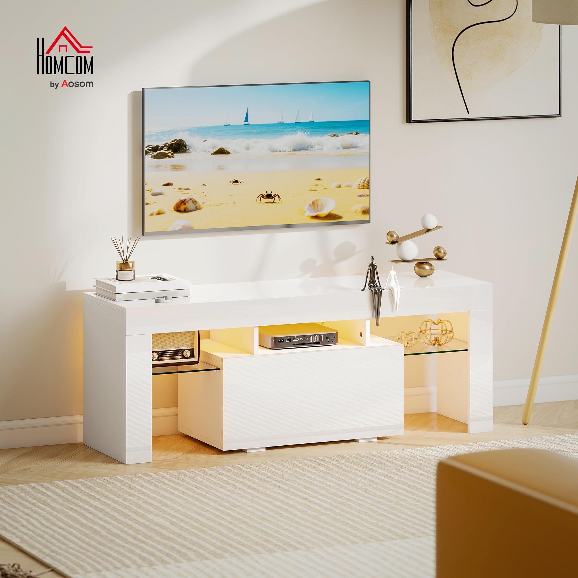 HOMCOM Mueble TV 120 cm con iluminación LED RGB, alto brillo, mueble de TV para hasta 43-50 pulgadas, estantes de cristal templado y armario abatible, banco de TV para sala de estar, dormitorio