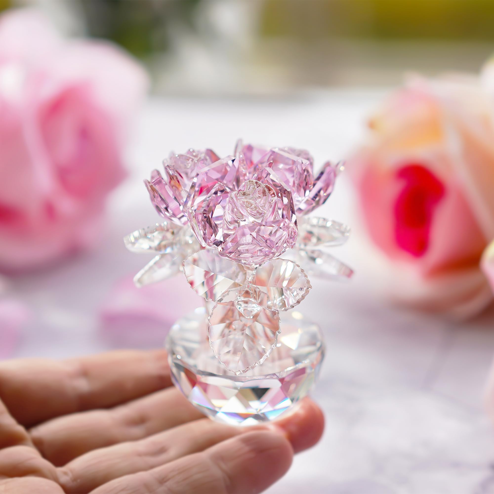 Bouquet de Roses en Cristal Rose - Figurine en Verre pour la fête des mères