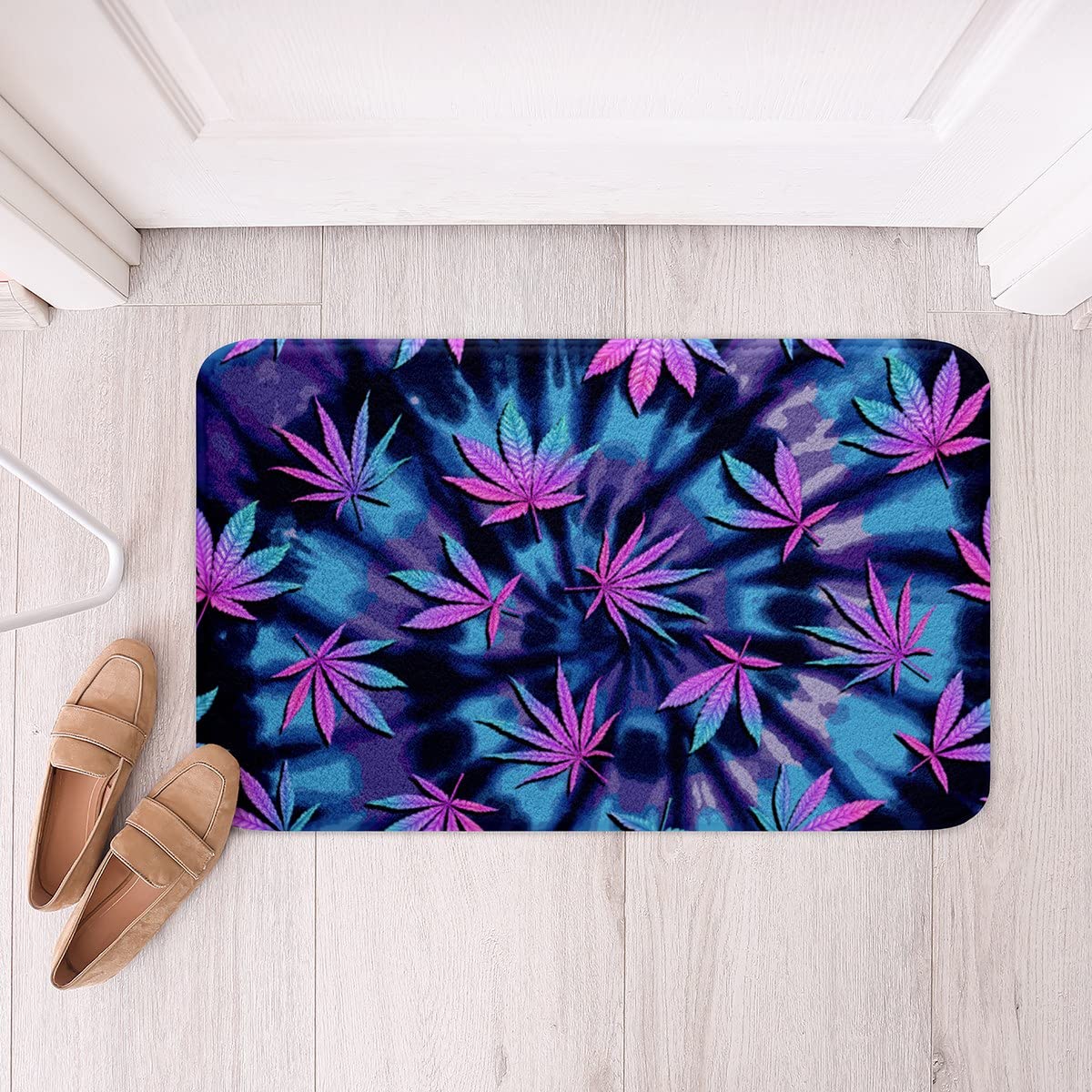 Feelyou Boho Tie Dye Shaggy Absorbent Floor Mat Marijuana Leaf Non Slip Bath Mat Hippie Cannabis Leaf Microfiber Bathroom Rugs for Microfiber Tie Dyed Bathroom Floor Indoor Doormat Room Decor 16