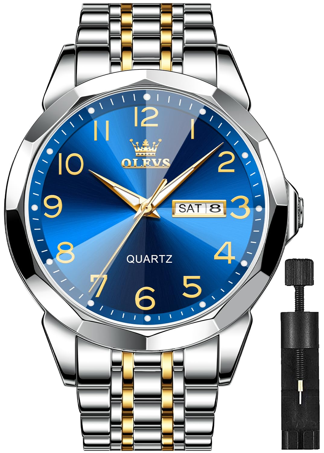 Men's Watch Luxury Business Dress Watch UK Diamond Design Quartz Stainless Steel Waterproof Luminous Week Calendar Gift