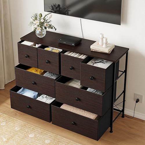 Miniatura 6 de REAHOME Cómoda de 8 cajones para dormitorio, cómoda de piel sintética, cómoda de tela con parte superior de madera, unidad organizadora de